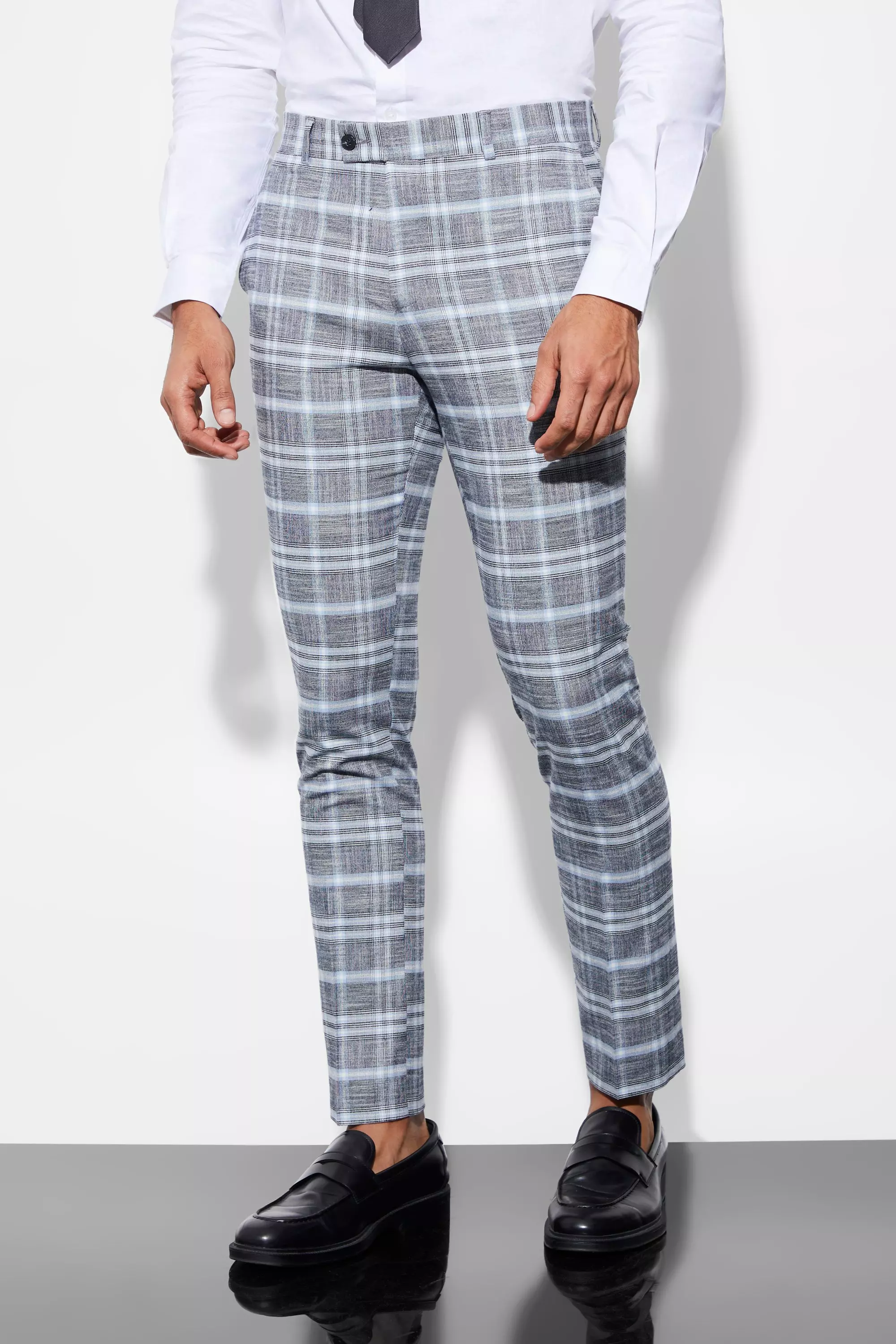 Mens skinny grey checkered trousers sale